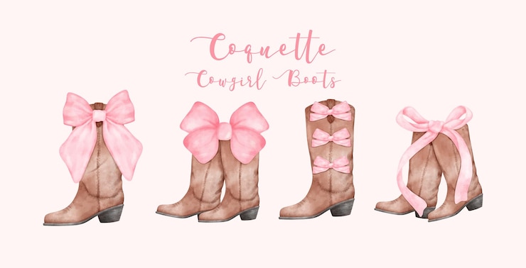 Vector 핑크 리본 bow aquarel 세트 레트로 미학적 배너와 함께 coquette cowgirl 부츠