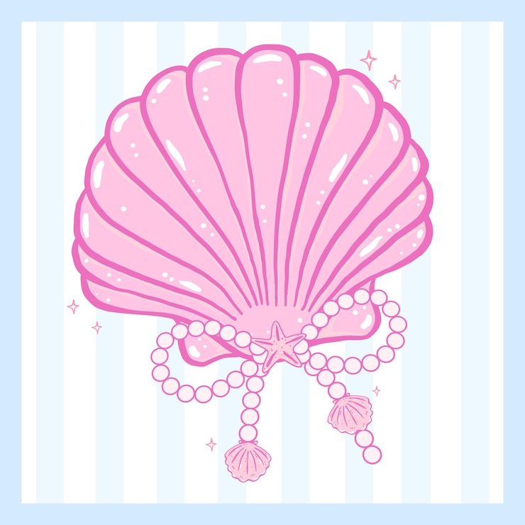 Vector coquette pink seashell with pearl bow pastel hand drawn doodle summer aesthetic for cute girly printable wall art and summer card design