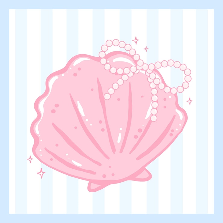 Vector coquette seashell with pearl bow in pink pastel hand drawn doodle summer aesthetic for cute girly printable wall art and summer card design