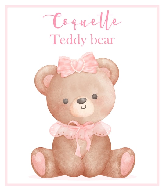 Coquette teddy bear with ribbon bow trendy retro vintage watercolor illustration