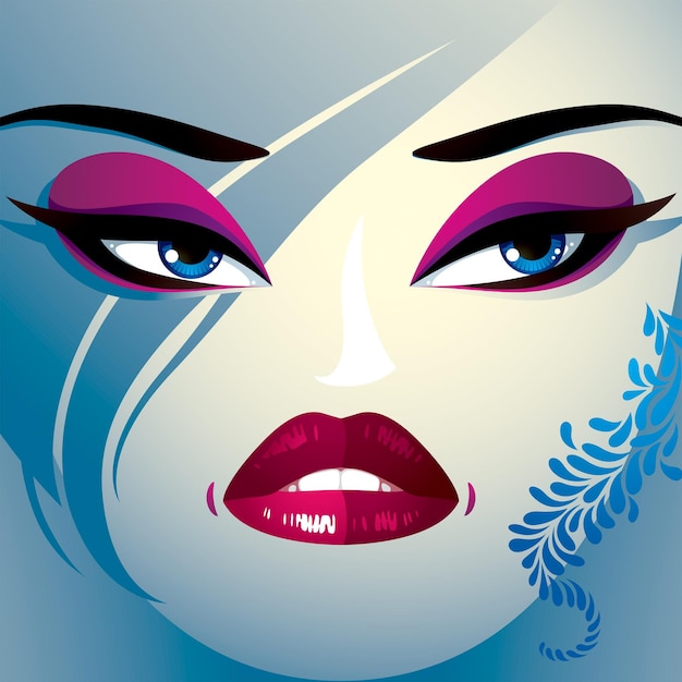 Vector coquette woman eyes and lips, stylish makeup and hairdo. people negative facial emotions, contempt.