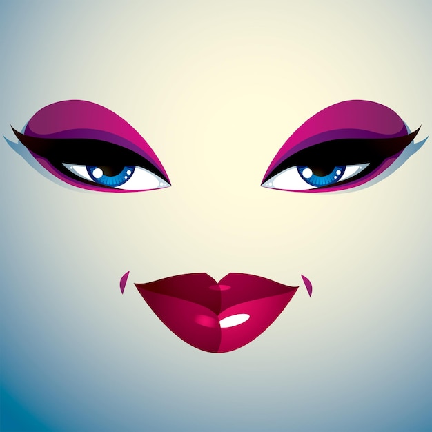 Coquette woman eyes and lips, stylish makeup. People facial emotions, sly and tricky.