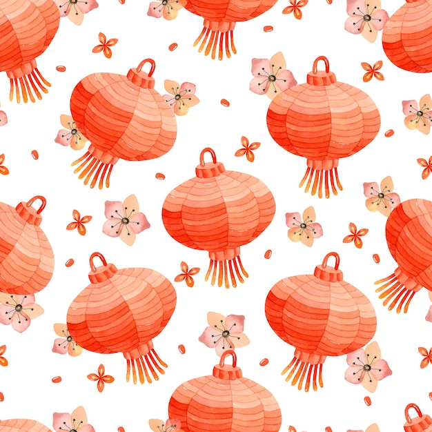 Coral Chinese paper lantern watercolor seamless pattern wallpaper