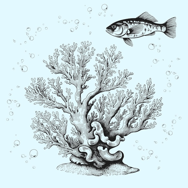 Vector coral fish and bubbles undersea world elements vintage illustration vector
