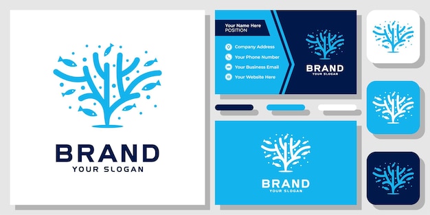 Coral nature sea ocean marine fish aquatic branch reef icon\
logo design with business card template