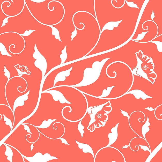 Reticolo floreale senza giunte di vettore rosa corallo. living coral - colore dell'anno 2019. foglie e fiori struttura bianca. sfondo damascato ripetuto. carta da regalo o panno di seta. Vettore Premium
