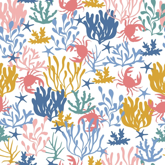 Coral ree crabs starfishes and seaweed seamless pattern
