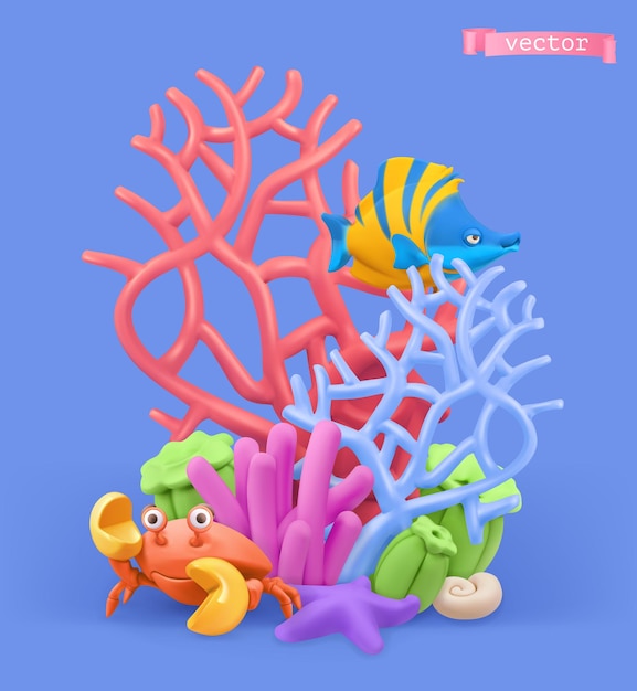 Coral reef and fish 3d illustration