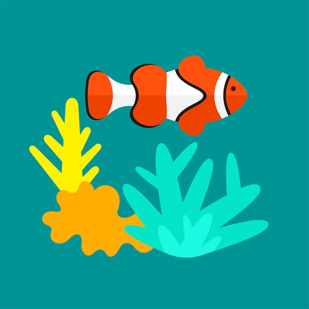 Coral reef and fish clown. Underwater world vector illustration.