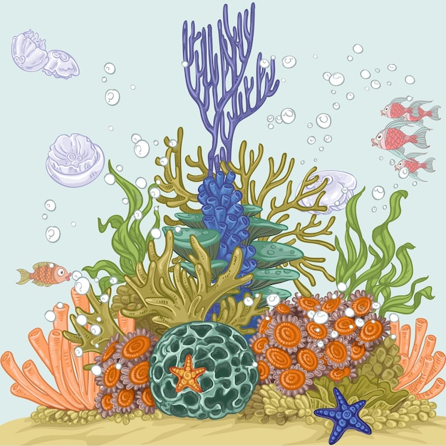 Vector coral reef illustration with sea anemones