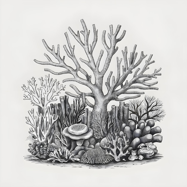 Coral reef monochrome ink sketch vector drawing engraving style illustration