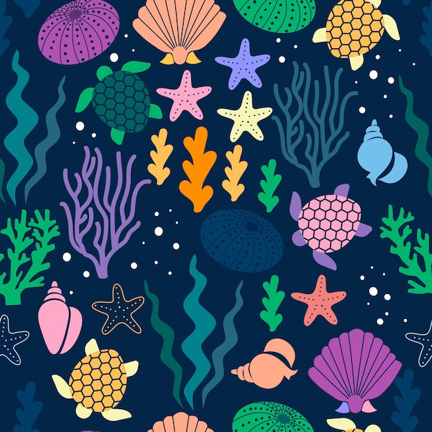 Coral sea seamless pattern Colorful corals seashells star fishes and turtle wallpaper