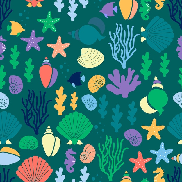 Coral sea seamless pattern Colorful corals seashells star fishes wallpaper