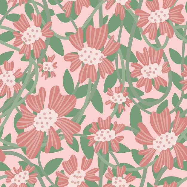 Coral and teal floral seamless pattern in hand drawn naive style background with flowers and leaves