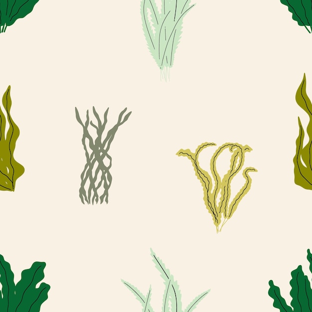 Coral underwater plant vector seamless pattern in scandinavian style seaweed