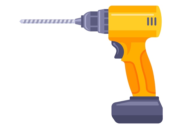 Cordless yellow drill for making holes construction tool flat vector illustration