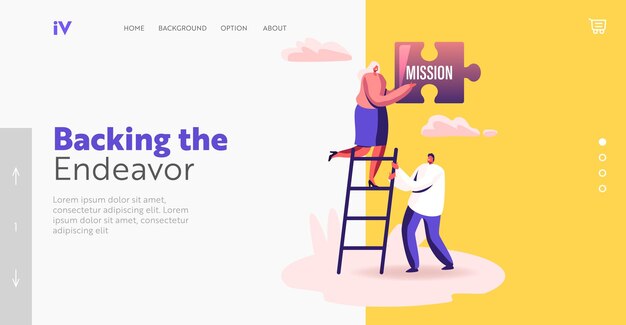 Vector core values landing page template. tiny businesspeople characters stand on ladder holding huge puzzle piece with one of basic social and business principles mission. cartoon people vector illustration