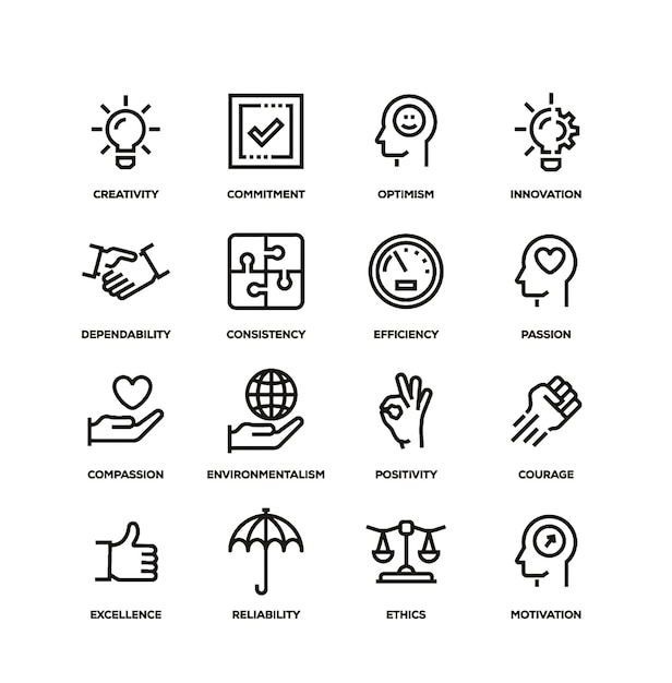 Core values line icon set