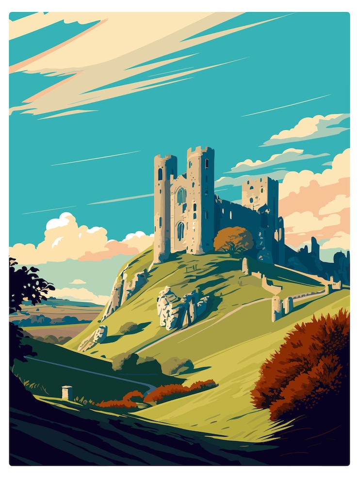 Vector corfe castle england vintage travel poster souvenir postcard portrait painting wpa illustration