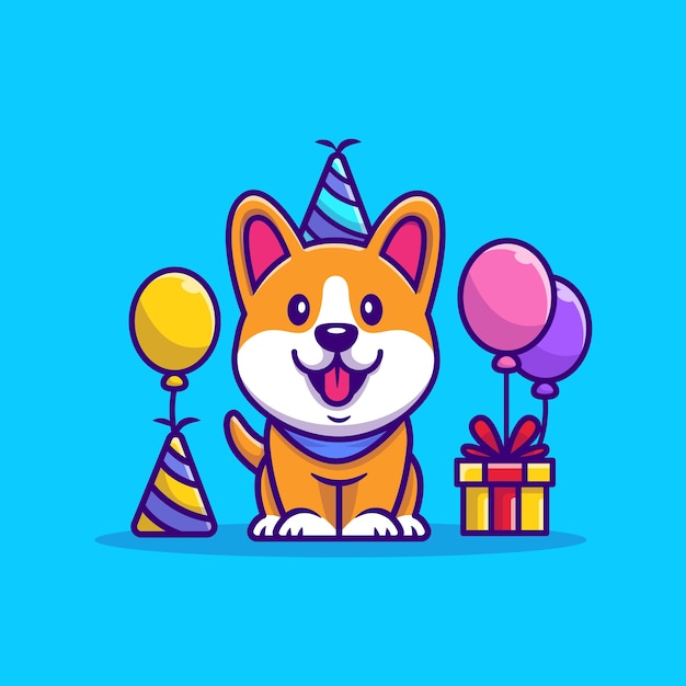 Corgi 생일 만화 그림. 동물 파티 아이콘 개념