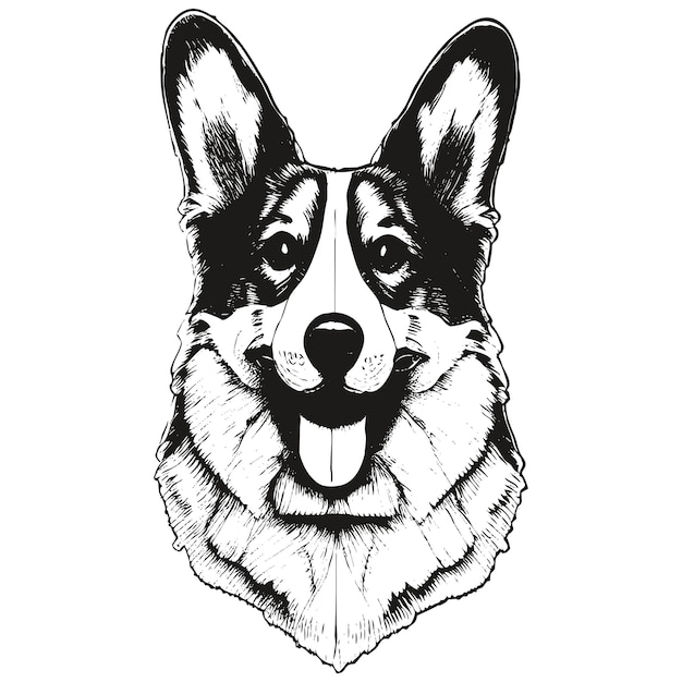 Corgi cartoon face image hand drawn black and white drawing of dog