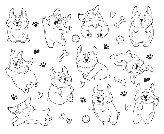 Corgi 귀여운 강아지 벡터 세트 스티커 뒷면 앞 아이콘 만화 동물 그림