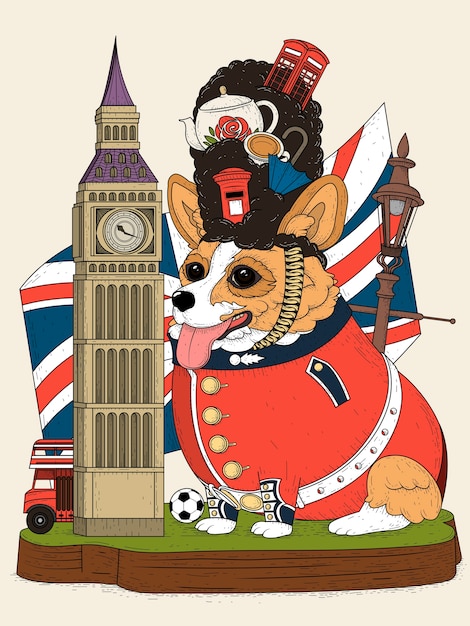 Vector corgi dog en britse elementen voor toerisme, kleurrijk