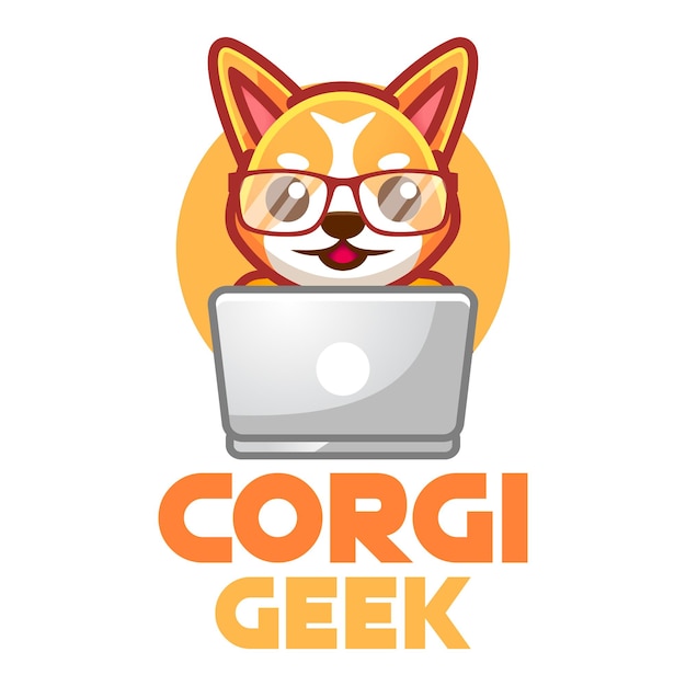 Corgi dog geek nerd cartoon mascot illustration logo