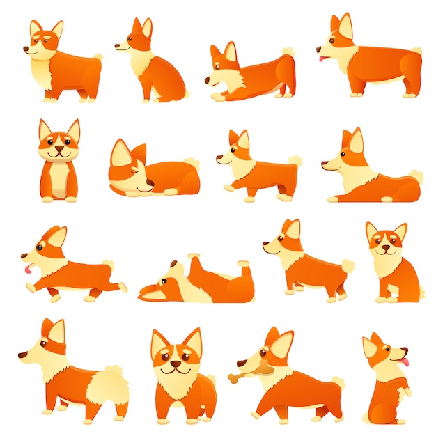 Corgi dogs icons set, cartoon style