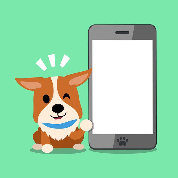 Corgi van het beeldverhaalkarakter hond en smartphone