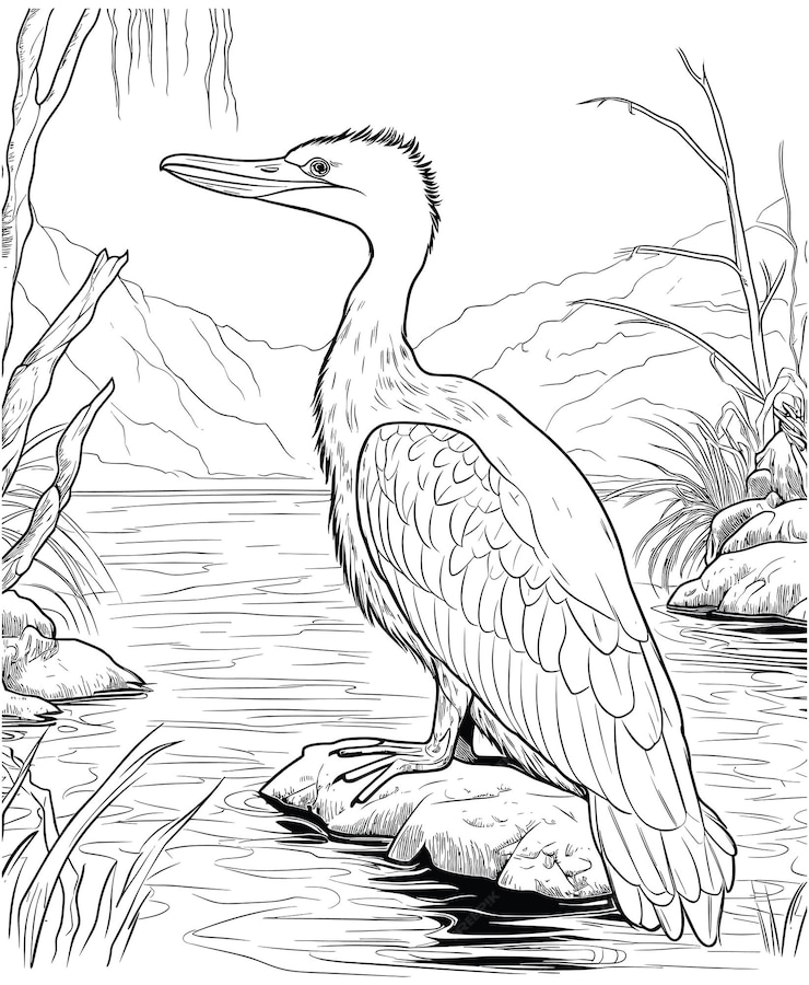 Premium Vector | Cormorant was fishing in the river coloring pages