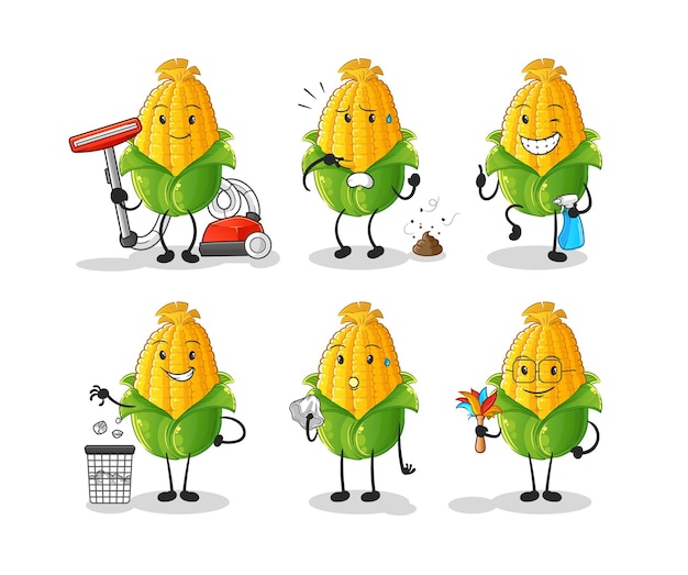 Corn cleaning group character. cartoon mascot vector