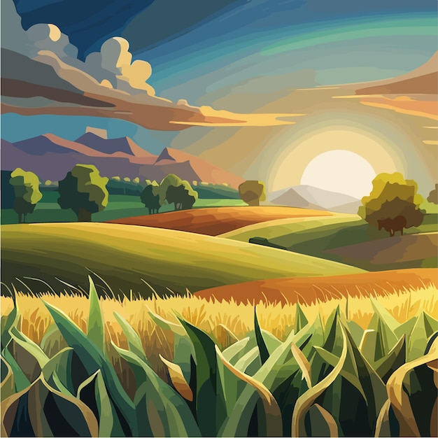 Corn field with the blue sky realistic vector illustration of corn field in the harvesting time