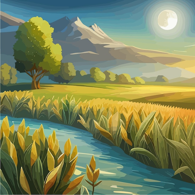 Vector corn field with the blue sky realistic vector illustration of corn field in the harvesting time