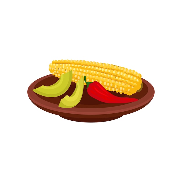 Corn hot pepper and slices of avocado in brown ceramic plate Traditional Mexican food Flat vector element for poster or menu