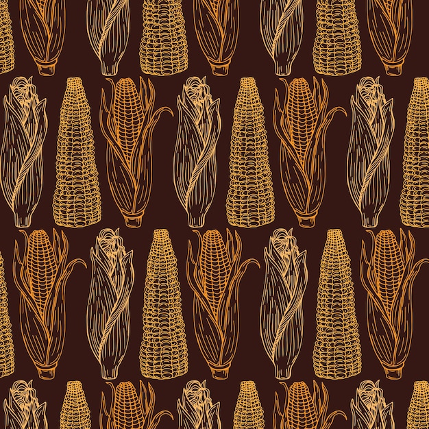 Corn icon. Corn doodle pattern wallpaper. Corn on brown background.