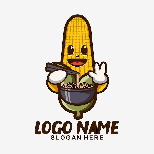 Vettore il mais sta mangiando il design del logo del simpatico personaggio mascotte ramen