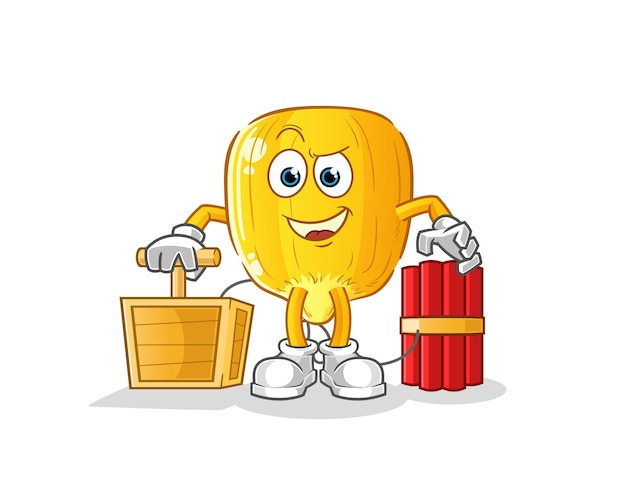 Corn kernel holding dynamite detonator. cartoon mascot vector