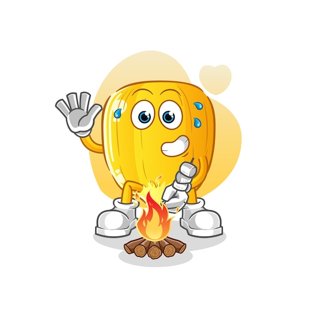 Corn kernel roasting marshmallows cartoon mascot vector