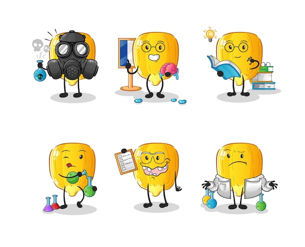 Corn kernel scientist group character. cartoon mascot vector