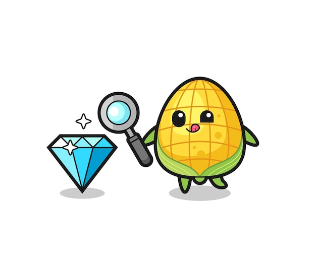 Corn mascot is checking the authenticity of a diamond , cute style design for t shirt, sticker, logo element