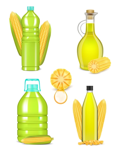 Vector corn oil bottle bottle set, vector realistic illustration