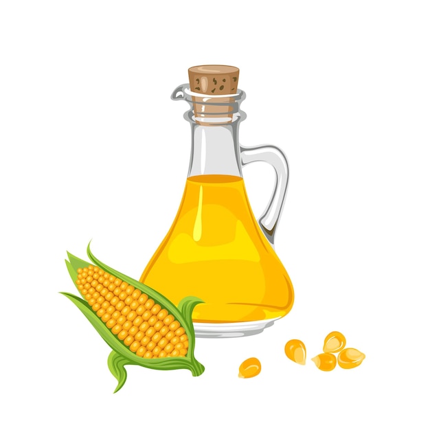 Corn oil in glass bottle and yellow grains