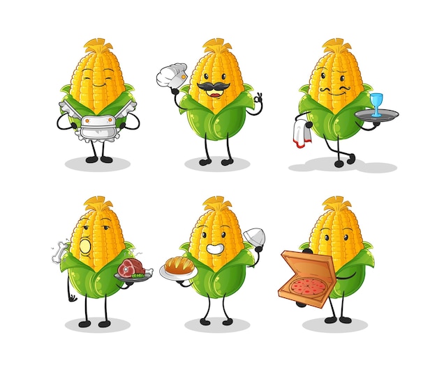 Corn restaurant group character. cartoon mascot vector