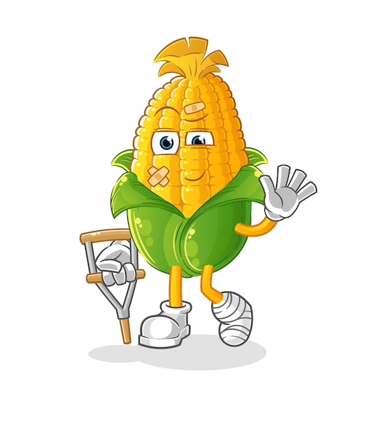 Corn sick with limping stick. cartoon mascot vector