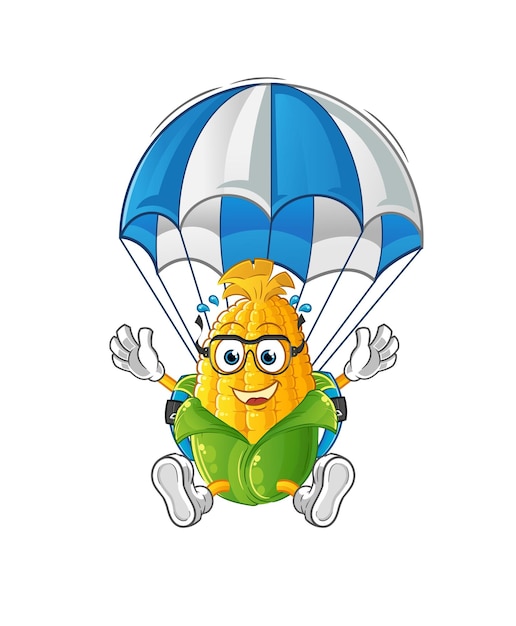 Corn skydiving character cartoon mascot vector