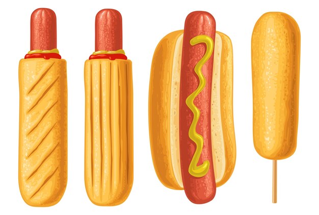 Vector corndog en hotdog met ketchup mosterd vector kleur realistische illustratie