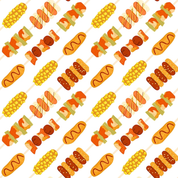 Corndog hotdog rice and chicken skewers kebap seamless pattern Korean street food cute doodle