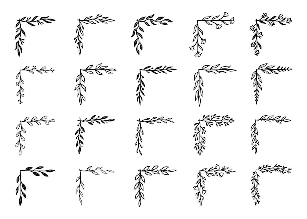 코너 번성 테두리 세트입니다. 소박한 꽃 요소가 있는 손으로 그린 낙서 스타일 코너. 벡터 일러스트 레이 션 테두리입니다.