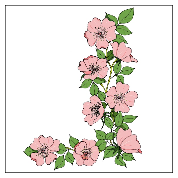Шаблон угловой рамки с цветами сакуры магнолии Векторная цветочная гирлянда для декоративной приглашения на карту